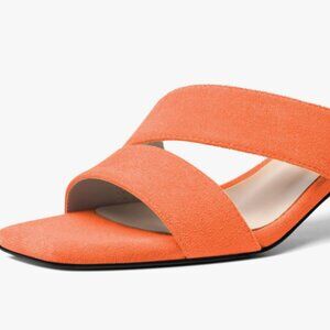 ROSERWISH Womens Hot Orange Suede Slip On Open Toe Dress Chunky Low Heel, size 6